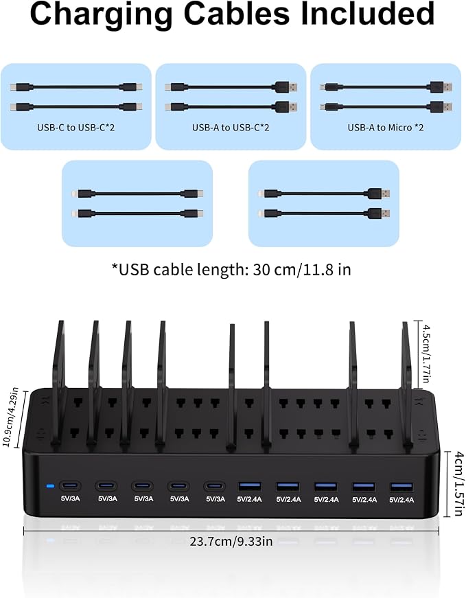 100W Charging Station for Multiple Devices, 10-Port USB Fast Charging Station with Adjustable Dividers & 10 Cables- Multi Device Organizer Charging Dock for iPhone, iPad, Tablets & More(Black)
