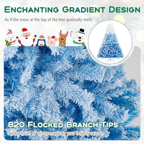 HAPPYGRILL 6 FT Flocked Christmas Tree Blue Hinged Xmas Tree with 820 Branch Tips & Folding Metal Stand, Artificial Christmas Tree for Home Office Carnival