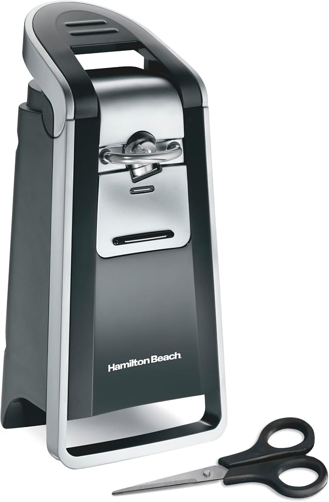 Hamilton Beach Smooth Touch Electric Can Opener With Easy Push Down Lever | Opens All Standard, Extra-Tall & Pop-Top Cans | Includes Stainless Steel Scissors | Black & Chrome | 76607J