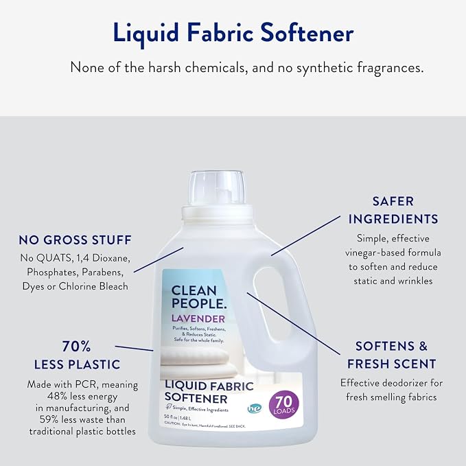 Clean People All Natural Liquid Fabric Softener - Plant-Based, Eco Friendly - Naturally Softens & Removes Static Cling - Vegan - Lavender Scented Laundry Softener - 100 fl oz - 140 loads