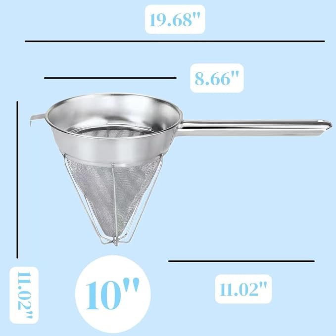 10-Inch Stainless Steel Fine Mesh Chinois Strainer | Large Strainer Reinforced Bouillon Strainer for Sauces, Soups, Purees, Pastes, Jelly, Custard, Curds and etc.