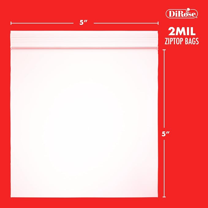 Dirose 5" x 5" Clear Reclosable Poly Bags – Pack of 100, 2 Mil Thickness – Resealable Plastic Zip Bags for Snacks, Hardware, Arts & Crafts, and Storage