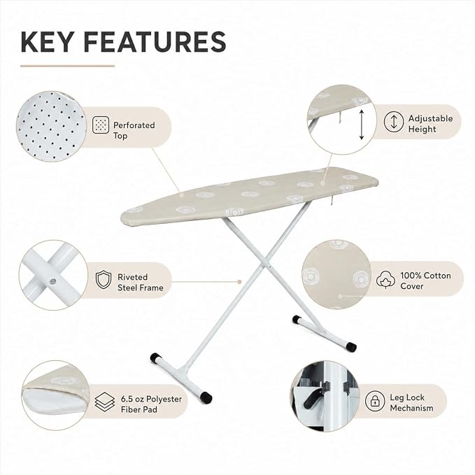 Folding T-Leg Ironing Board, 53 x 14 Inch, Adjustable Height, for Home Use | Portable ironing board with sturdy steel frame and 100% cotton cover, adjustable height, folds flat for easy storage