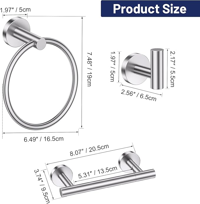 Brushed Nickel Bathroom Hardware Set, 4-Piece Towel Holder Set Include Double Bases Toilet Paper Holder,Towel Ring and 2 Towel Hooks Stainless Steel Wall Mounted Bathroom Hardware Accessories Set