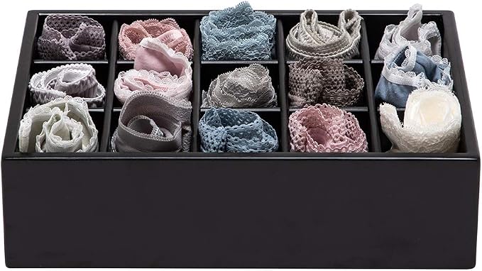 GOBAM Bamboo Closet Drawer Organizer, 15 Compartments - Drawer Divider & Storage Box for Ties, Bras, Briefs, Socks & Jewelry - Storage Organizer for Dressing Room & Bedroom - Black