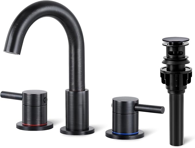 Bathroom Faucet 3 Hole, Oil Rubbed Bronze Bathroom Sink Faucet with Pop Up Drain, 8 inch Widespread Bathroom Faucet with 360° Swivel Spout, 2 Handle Vanity Faucet with Water Supply Hoses