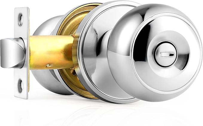 Probrico Polished Chrome Privacy Door Knob, Interior Door Lock for Bathroom Bedroom, Keyless Round Ball Knob Handle, Thumb-Turn Locking, 1 Pack
