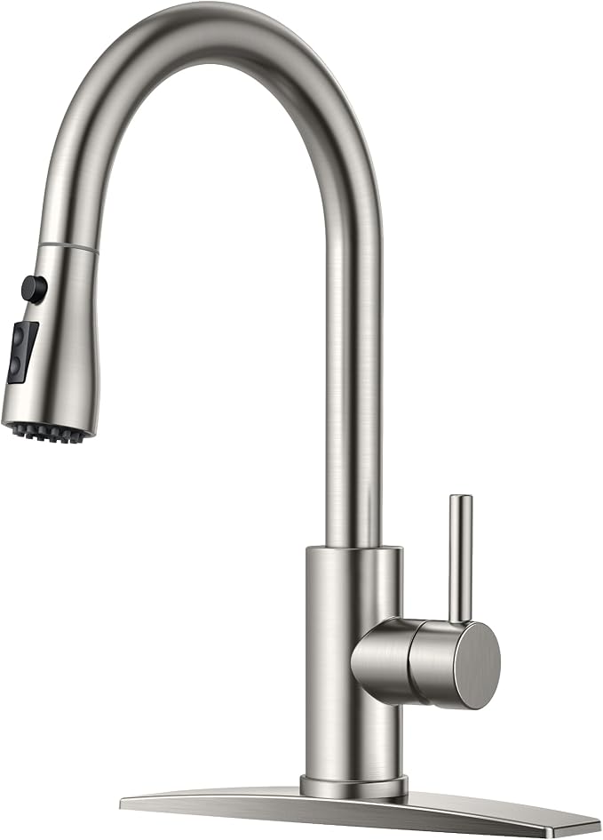 FORIOUS Kitchen Faucet with Pull Down Sprayer, Brushed Nickel, Bar High Arc Single Handle Traditional 3 Modes Stainless Steel Faucet for Kitchen Sink Farmhouse RV Laundry Camper