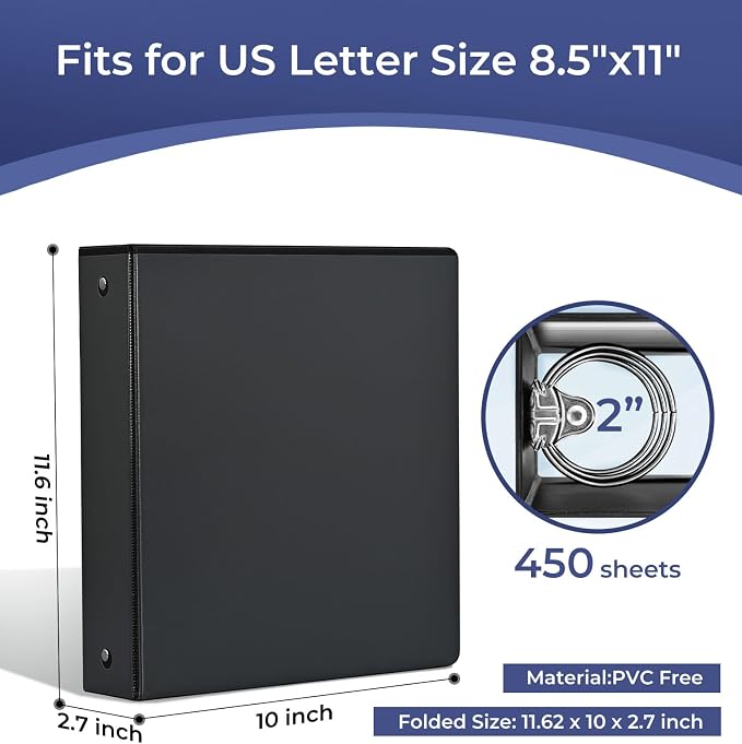 1-1/2'' 2-Inch 3-Ring Binder with Pockets, Premium View Binders with Three Ring Binders Holds up to 200/325/450 Sheets US Letter Size, Bulk Pack of 6 (2-inch Black)