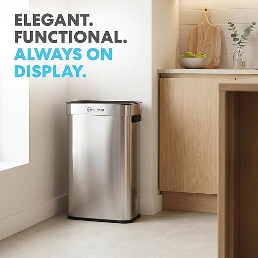 Simpli-Magic 18.5 Gallon (70L) Open Top Trash Can – Rectangular Commercial Trash Can – Smudge-Resistant, Easy to Clean, Non-Skid Base, Brushed Stainless Steel