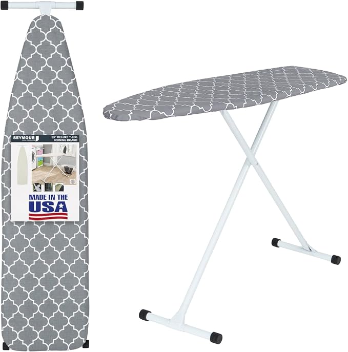 Seymour Full Size Ironing Board with Cover & Pad – USA-Made with Enhanced Grip Feet for Extra Stability – Adjustable Steel T-Legs 35" High – Perforated Top – Durable Iron Board for Home