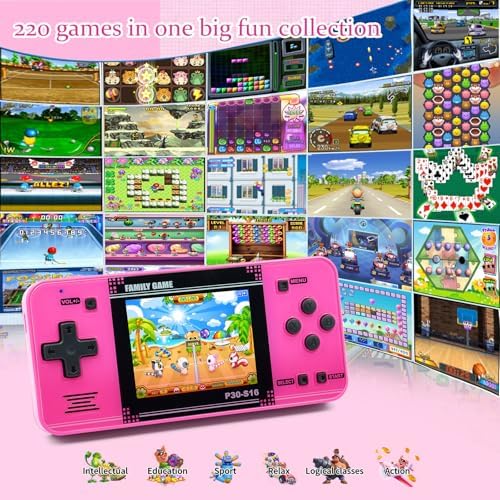Handheld Game for Kids -Preloaded 220 Retro Video Games, Portable Gaming Player with Rechargeable Battery 3.0" LCD Screen, Mini Arcade Electronic Toy Gifts for Boys Girls (Pink)