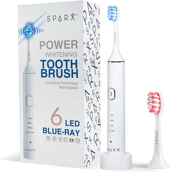 SPARX Electric Toothbrush for Teeth Whitening, Gum Care, & Polishing, Light Therapy Technology for Whiter Teeth & Healthy Gums, Rechargeable [White]