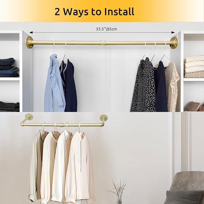 Oroonoko 36 inch Gold Industrial Pipe Clothes Rack,Pipe Garment Rack Hanging Rod Bar for Closet Storage,Laundry Room Up to Max Load 135lbs