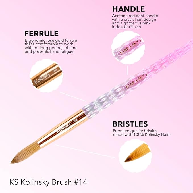 Kiara Sky Kolinsky Acrylic Nail Brush #14 – Pure Kolinsky Sable Hair, Pink Crystal Handle, Acetone Resistant, for Acrylic Application, Extensions & 3D Nail Art