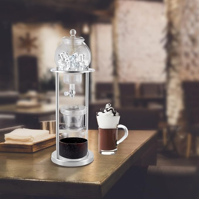 Cold Brew Coffee Maker, 600ml/20.3Oz Iced Coffee Maker Machine Slow Drip Tower, Stainless Steel Ice Dripper Coffee Maker Machine with Measuring Spoon, 6-8 Cups, for Home, Office, Cafes (Silver)