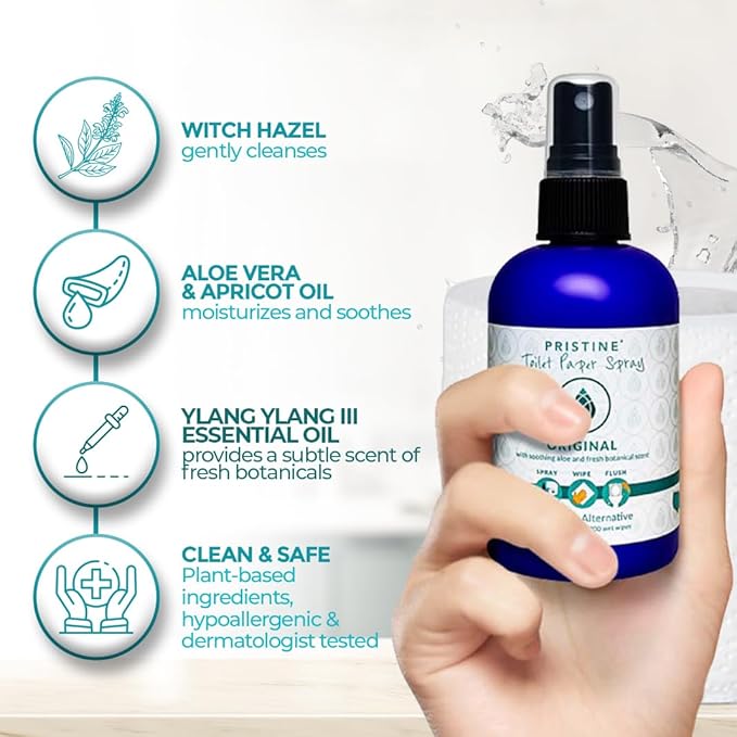PRISTINE Toilet Paper Spray, As Seen on Shark Tank, Flushable Wipe Alternative, Personal Cleansing Bathroom Spray for Regular Toilet Tissue, Bidet Alternative, Made in USA, Original, 32oz Refill