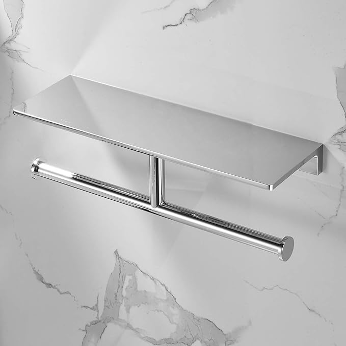 Double Toilet Roll Paper Holder Bathroom Solid Brass and Superior Hotel Style Wall Mount Tissue Roll Holder with Storage Shelf Bright Chrome Finished