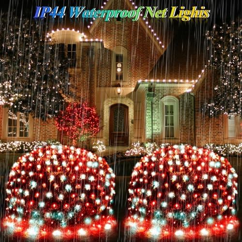 Lovelite Red White Net Lights Christmas Decorations, 21ft x 5ft 360LED Mesh Lights Outdoor Green Wire 8 Modes Timer, Waterproof Connectable String Lights for Bushes Xmas Tree Garden Holiday Party