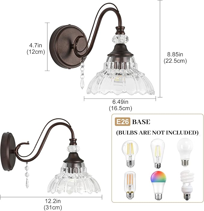 1 Piece Oil Rubbed Bronze Finish Wall Sconce, 1-Light Modern Wall Sconce with Hanging Crystal Accents and Flower-Shaped Clear Shades for Bathroom Bedroom Living Room,Modern Vanity Light