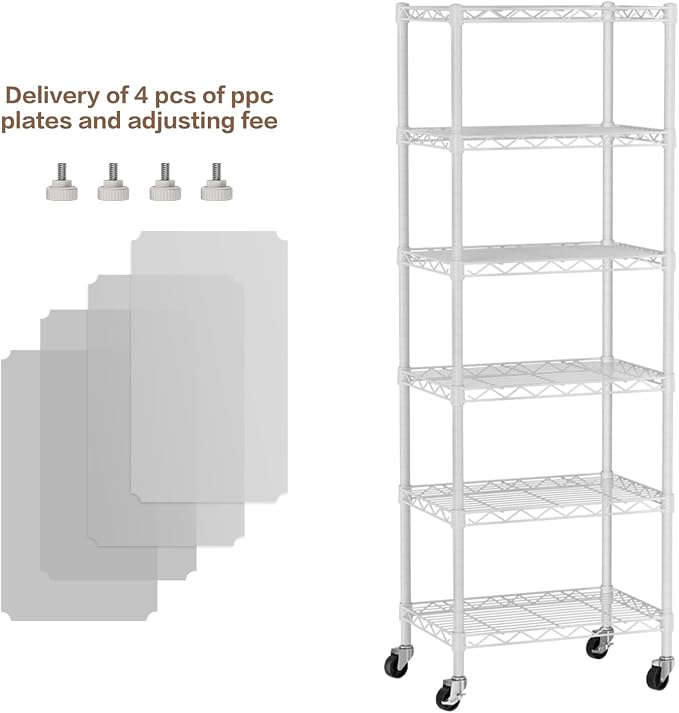 Golpart Small 6 Tier Shelves Storage Wire Shelving Unit Metal Shelf Adjustable Organizers Storage Shelving with Wheels for Bathroom Laundry Room Kitchen Pantry11.7”D x 17.7”W”W x 61.6”H White