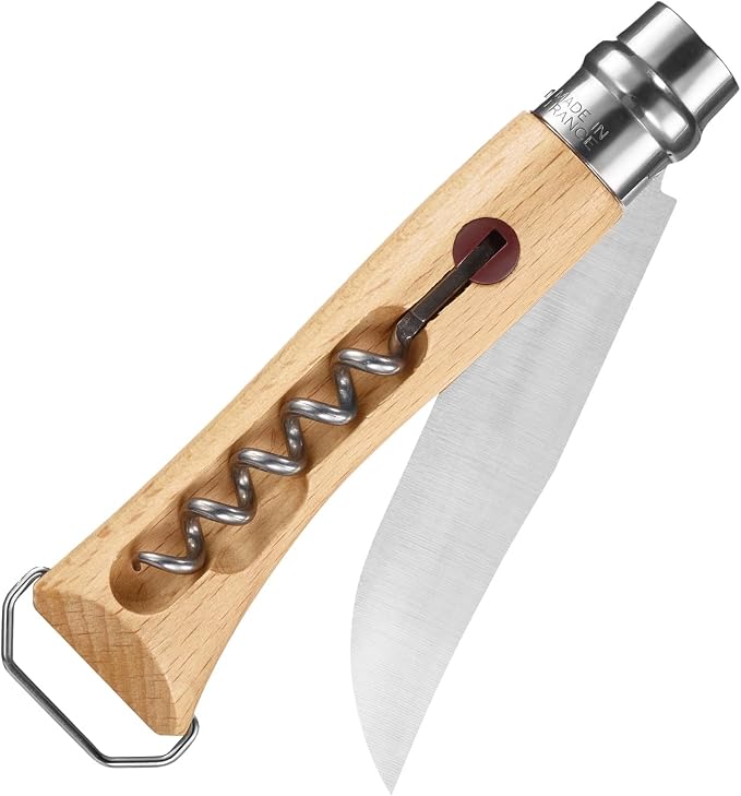 Opinel No. 10 Stainless Steel Corkscrew Wine and Cheese Folding Knife, Integrated Corkscrew + Bottle Opener, Beechwood Handle - Picnic Pocket Knife Made in France (Updated Version)