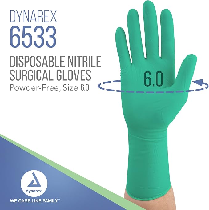 Dynarex Sterile Nitrile Surgical Gloves, Powder Free, Size 6, 50 Pairs of Gloves, White, 6.0