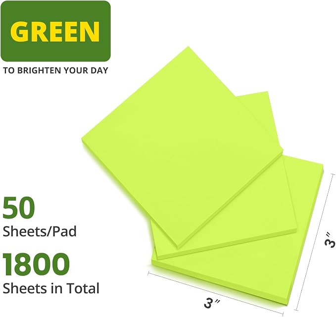Sticky Notes, 36 Pads, 3x3 Inches Self-Stick Note Pads, Perfect for Office, Study, and Daily Life Organization - Green