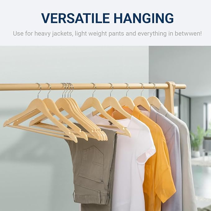 Amber Home 30 Pack Wooden Coat Hangers, Natural Wood Suit Hangers with Non-Slip Pant Bar, Clothes Hangers for Closet Organization, Shirts, Jackets, Dresses, and Pants (Natural, 30)