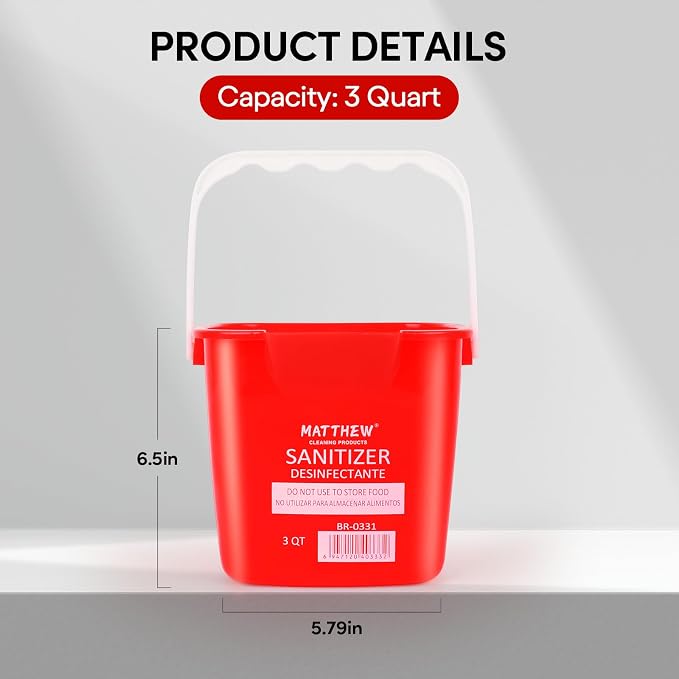 Matthew Detergent And Sanitizing Cleaning Bucket 3 Quart Plastic Pail,Set of 6 Square Containers,Built-In Spout w/Handle,Wash Rinse Sanitize Handwash Bucket for Home Office Commercial Restaurant (Red)