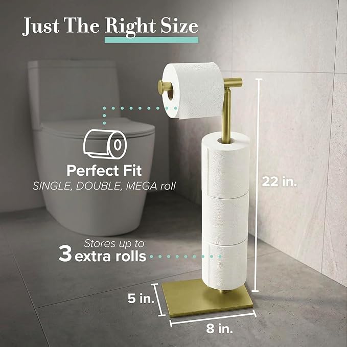 Gatco 1443B, Modern Rectangle Base Freestanding Toilet Paper Holder with Storage, 21.13”H, Brushed Brass