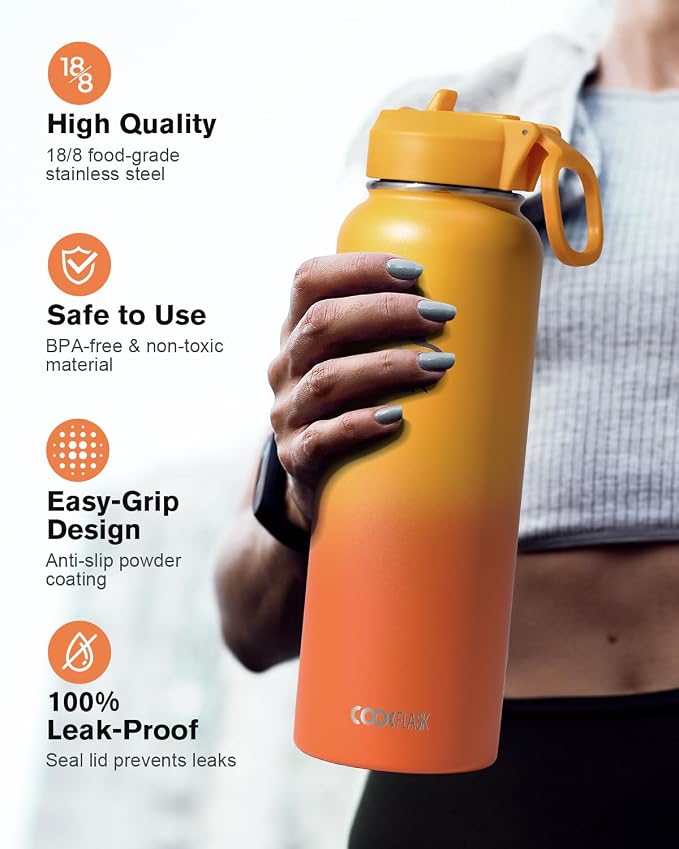 Water Bottle 40 oz Insulated with Straw&Brush, Coolflask Vaccum Stainless Steel Metal 3 Lids Water Flask for Sports, Gym or Office, Keep Cold 48H Hot 24H, Ombre Yellow/Orange