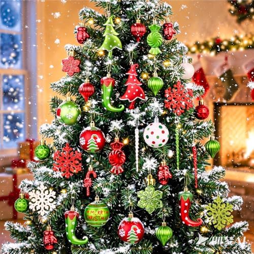 82PCS Christmas Ornaments Set Red and Green Christmas Tree Decorations PVC Holiday Ornaments for Xmas Tree Festive Party Decor Supplies