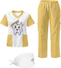 Gomyblomy Women's Scrubs Suit 3-Piece Set | Teeth Print V-Neck Top & Pants & Cap, Breathable and Stretch Fabric, S-5XL