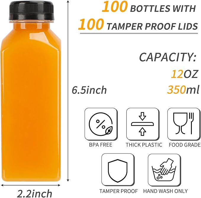 TOMNK 100pcs Juice Bottles, 12oz Plastic Bottles with Caps, Reusable Juice Bottles with Caps Clear Bulk Beverage Containers with Lids, Label, Funnel and Brush for Juicing, Milk, Smoothie and Beverages