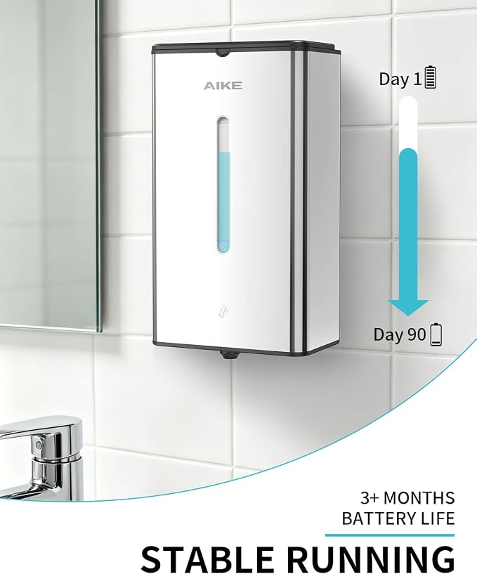 AIKE Heavy Duty Automatic Soap Dispenser,33.8oz for Bathroom,Polished Steel | 5-Level and Savety Key for Commercial(4*AA Batteries Not Included),Screw Wall Mount for Space-Saving,Stainless Steel AK1207
