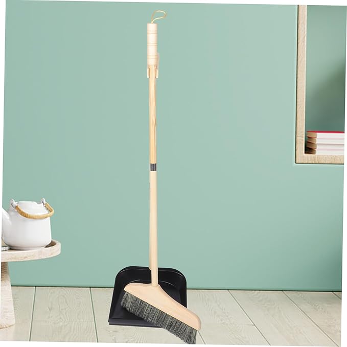 Mobestech 1 Set Solid Wood Bristle Broom and Dustpan Set Floor Broom Office Garbage Shovel Long Handle Dustpan Supple with Home Stainless Steel Toddler Soft Bucket