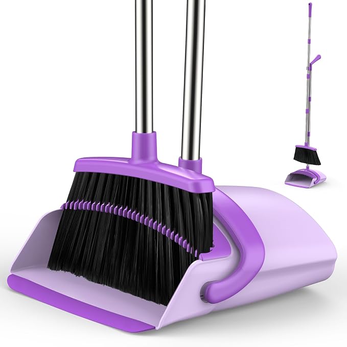 Broom and Dustpan Set for Home, 51-in Long Adjustable Handle Angle Broom and Dustpan Combo Set with Dust Pan Teeth to Clean Hair for Home Kitchen Office Lobby Floor Garden, Purple