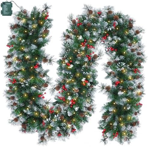 Christmas Garland with Lights, 9Ft Prelit Garland, 8 Light Modes & Timer