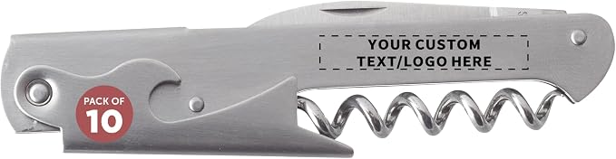 10 Valencia Stainless Steel Wine Bottle Openers Set - Customizable Text, Logo - Corkscrew, Serrated knife, Perfect for Bars - Silver