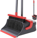 Broom with Dustpan Combo Set, Long Handle Upright Standing Self-Cleaning Broom and Dustpan Set for Pet Hair & Dust Cleanup, Indoor Outdoor Use for Home, Kitchen, Office, Red & Gray