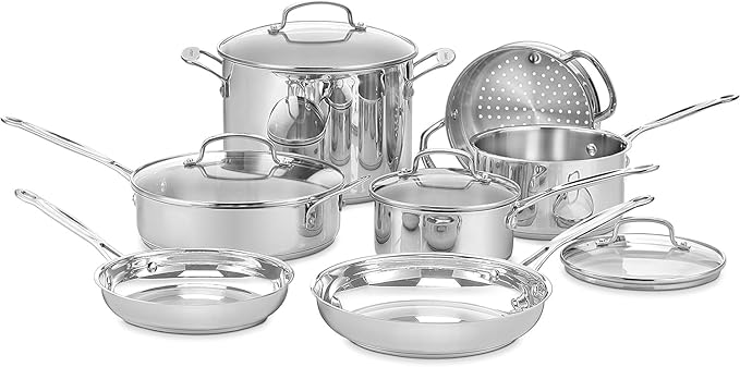 Cuisinart Chef’s Classic 11-Piece Stainless Steel Pots and Pans Set, Cookware Set Compatible with Induction, Electric, Gas Cooktops, Aluminum Core for Even Heat, Cool Grip Handles, Dishwasher Safe | Cuisinart stainless steel cookware set, dishwasher sa...