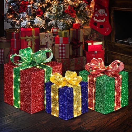 DomKom Set of 3 Christmas Lighted Gift Boxes, 160 Led Light Up Present Decorations, Metal Frame Gift Box with Lighted Bowknot for Xmas Tree Indoor Outdoor Yard Holiday Decor