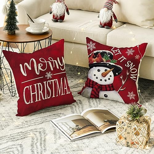 AVOIN colorlife Merry Christmas Let It Snow Love Snowman Red Throw Pillow Covers, 18 x 18 Inch Xmas Tree Holiday Cushion Case Decoration for Sofa Couch Set of 4
