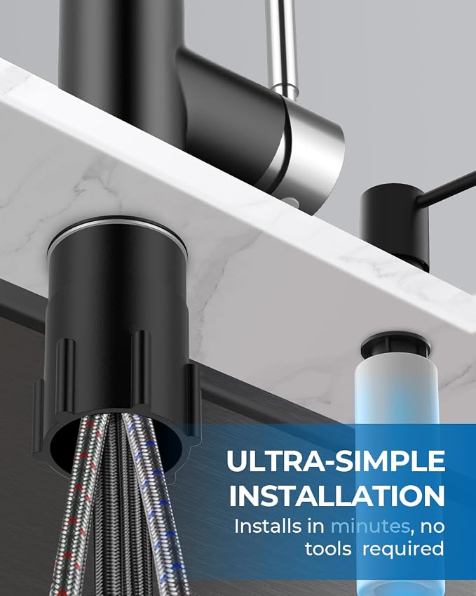 WEWE Kitchen Faucet with Soap Dispenser and Pull Down Sprayer, RV Single Handle Classic 3 Modes Stainless Steel Faucet for Kitchen Sink, RV, Black and Polished Chrome