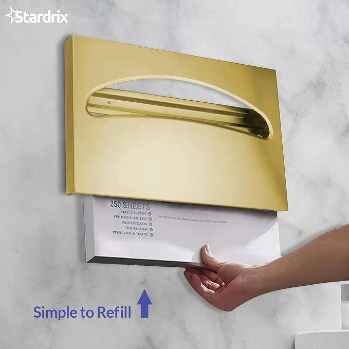 Stardrix Stainless Steel Toilet Seat Cover Dispenser, Wall Mount Single or 1/2 Fold Large Capacity Toilet Seat Covers Holder for Commercial and Residential, Brushed Gold