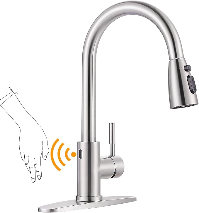 Touchless Kitchen Faucet Stainless Steel: WOWOW Smart Motion Sensor Kitchen Sink Faucet with Sprayer, Stainless Steel Kitchen Faucet for Sink 1 or 3 Hole Brushed Nickel Single Handle Kitchen Tap