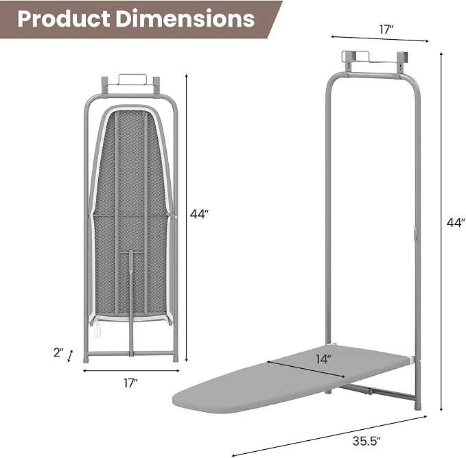 COSTWAY Over the Door Ironing Board, Space-Saving Metal Hanging Iron Board | Iron Holder & Cotton Cover, Compact Fold Down Iron Stand for Home, Apartment, Laundry Room, Dorm (35"L x 17"W x 47"H)
