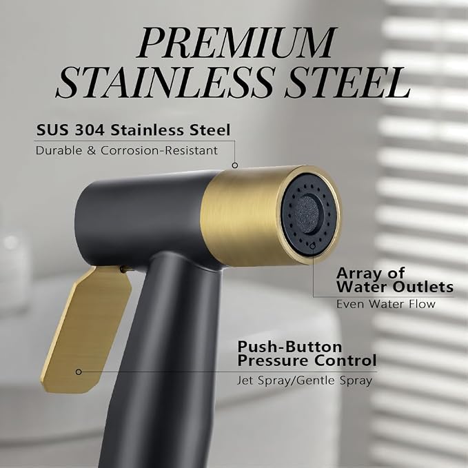 BARROCK Handheld Bidet Sprayer for Toilet, Stainless Steel Metal Made Baby Cloth Diaper Spraying Kit, Bathroom Toilet Bidet Attachment Set for Bathing Pets and Feminine Washing,Matte Black and Gold