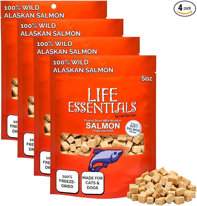 Life Essentials by Cat-Man-Doo | Freeze Dried Salmon Treats | 5oz Bag (4pk) | Freeze-Dried, Premium Wild Caught Salmon, Healthy, Single Ingredient, High Protein, Pet Treats, Food Topper for Cats & Dogs